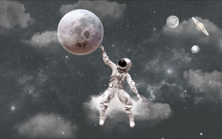 Ay ve Astronotlu 3D Duvar Kağıdı | Duvar Kağıdı Marketi