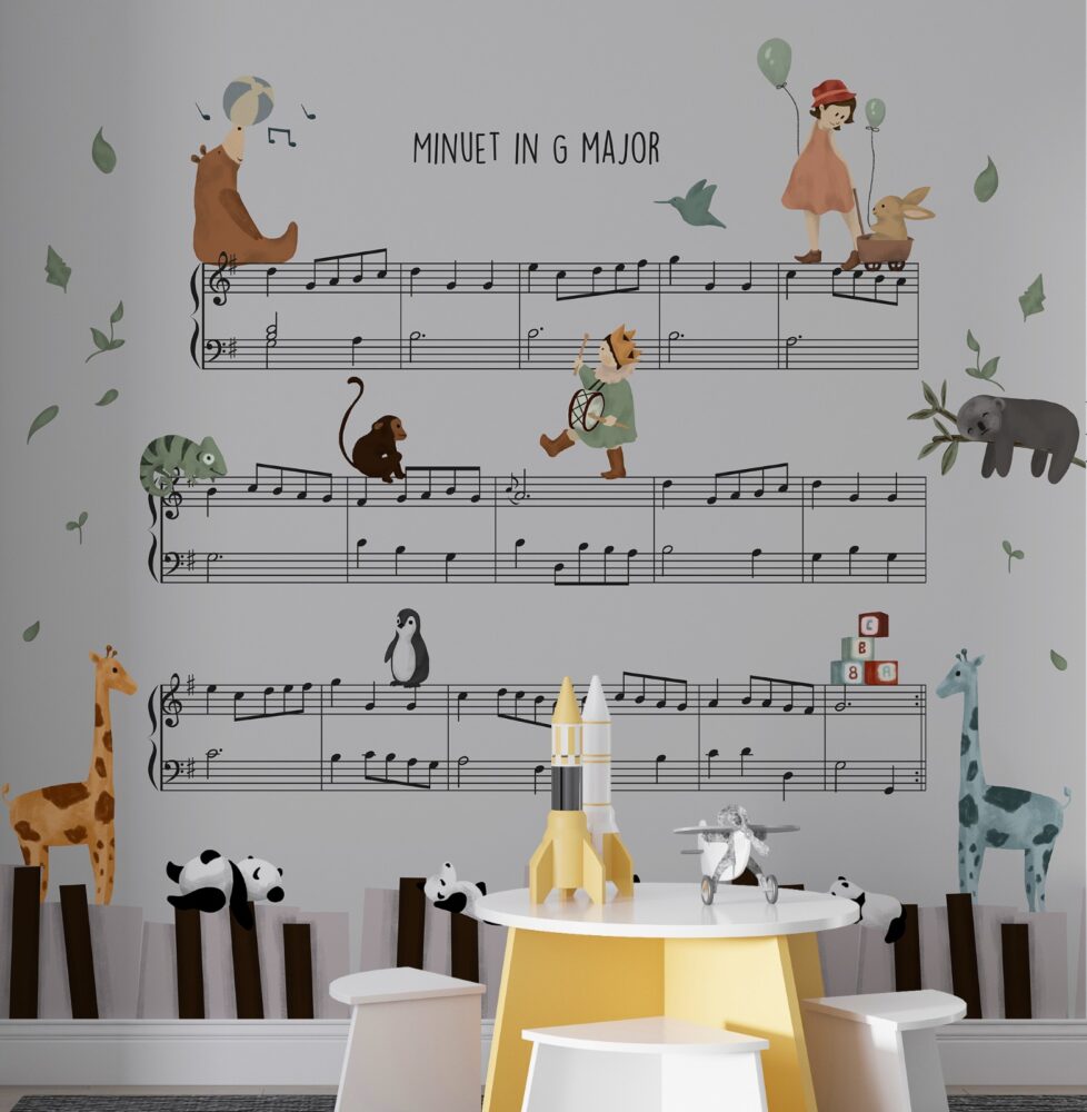 Çocuk Odası Müzik Notalarının Üzerindeki Hayvanlar 3D Duvar Kağıdı