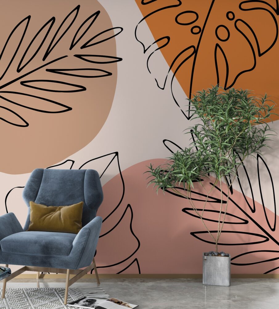 Boho Line Art Turuncu Yapraklı 3D Duvar Kağıdı