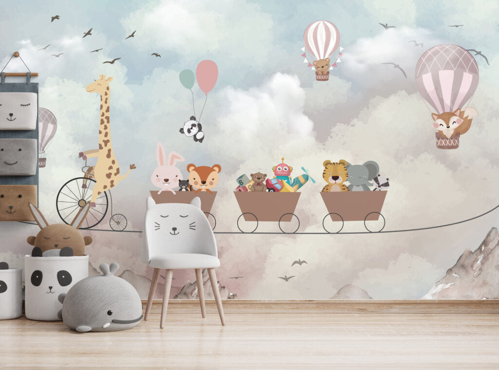 Bisikletli Zürafa ve Balonlar 3D Duvar Kağıdı | Duvar Kağıdı Marketi