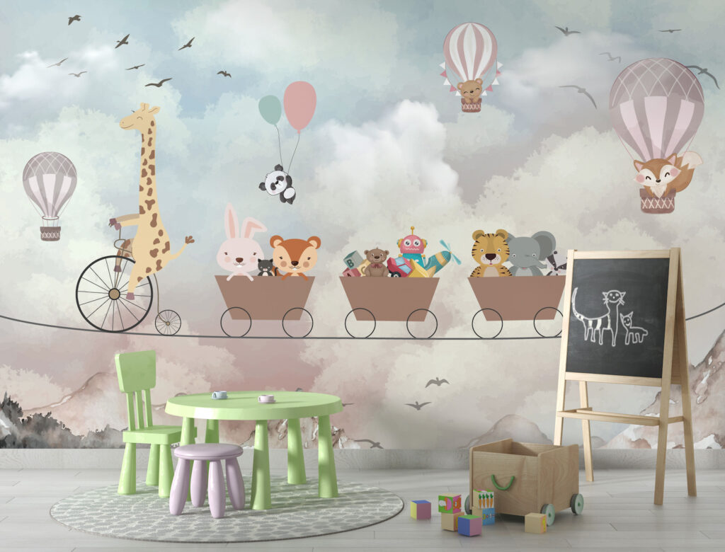 Bisikletli Zürafa ve Balonlar 3D Duvar Kağıdı | Duvar Kağıdı Marketi