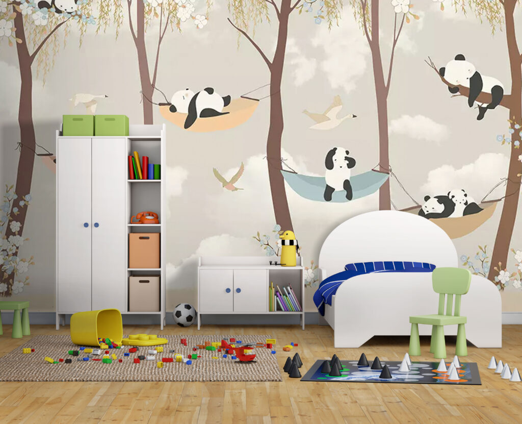 Ağaç Arasında Yatan Panda Desenli 3D Duvar Kağıdı | Duvar Kağıdı Marketi