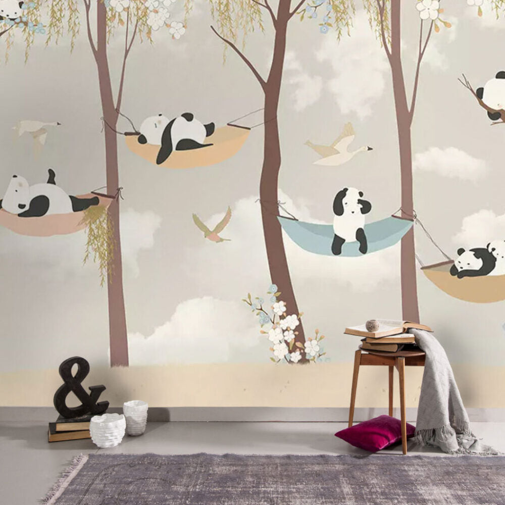 Ağaç Arasında Yatan Panda Desenli 3D Duvar Kağıdı | Duvar Kağıdı Marketi