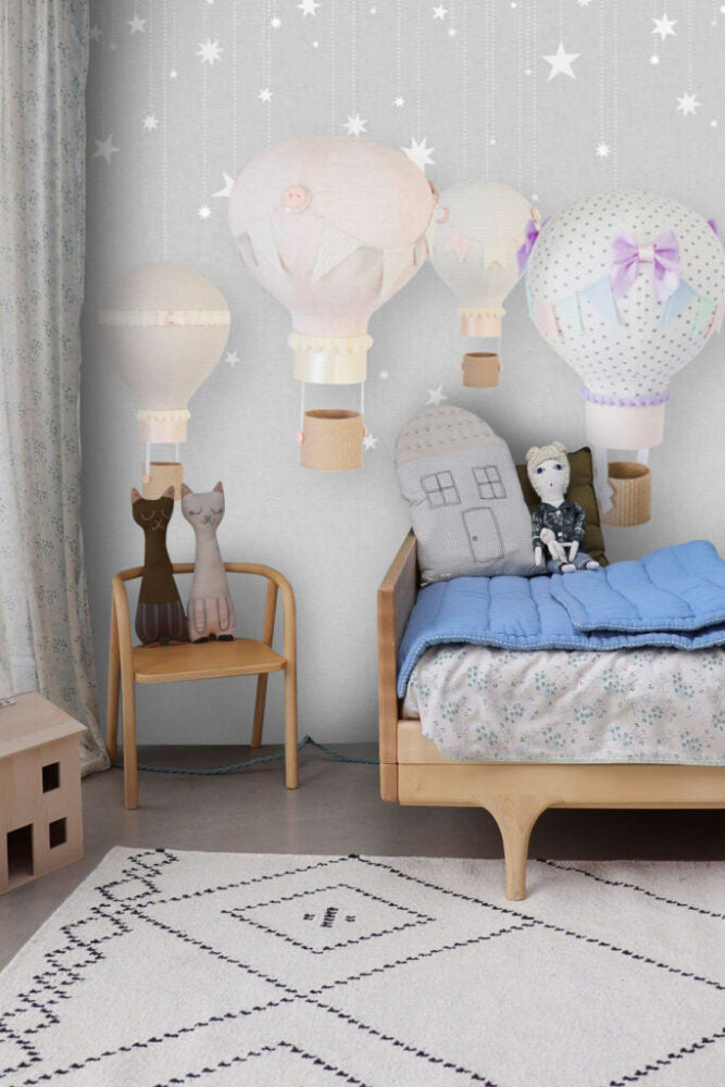 Uçan Balona Binen Ayıcık Desenli 3D Duvar Kağıdı | Duvar Kağıdı Marketi
