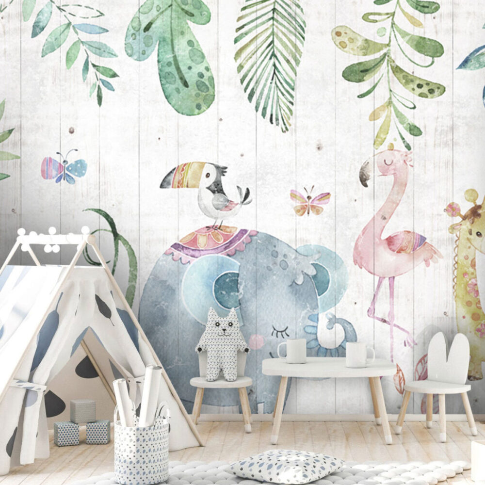 Çok Çeşit Hayvanlı Çizgili Desenli 3D Duvar Kağıdı | Duvar Kağıdı Marketi