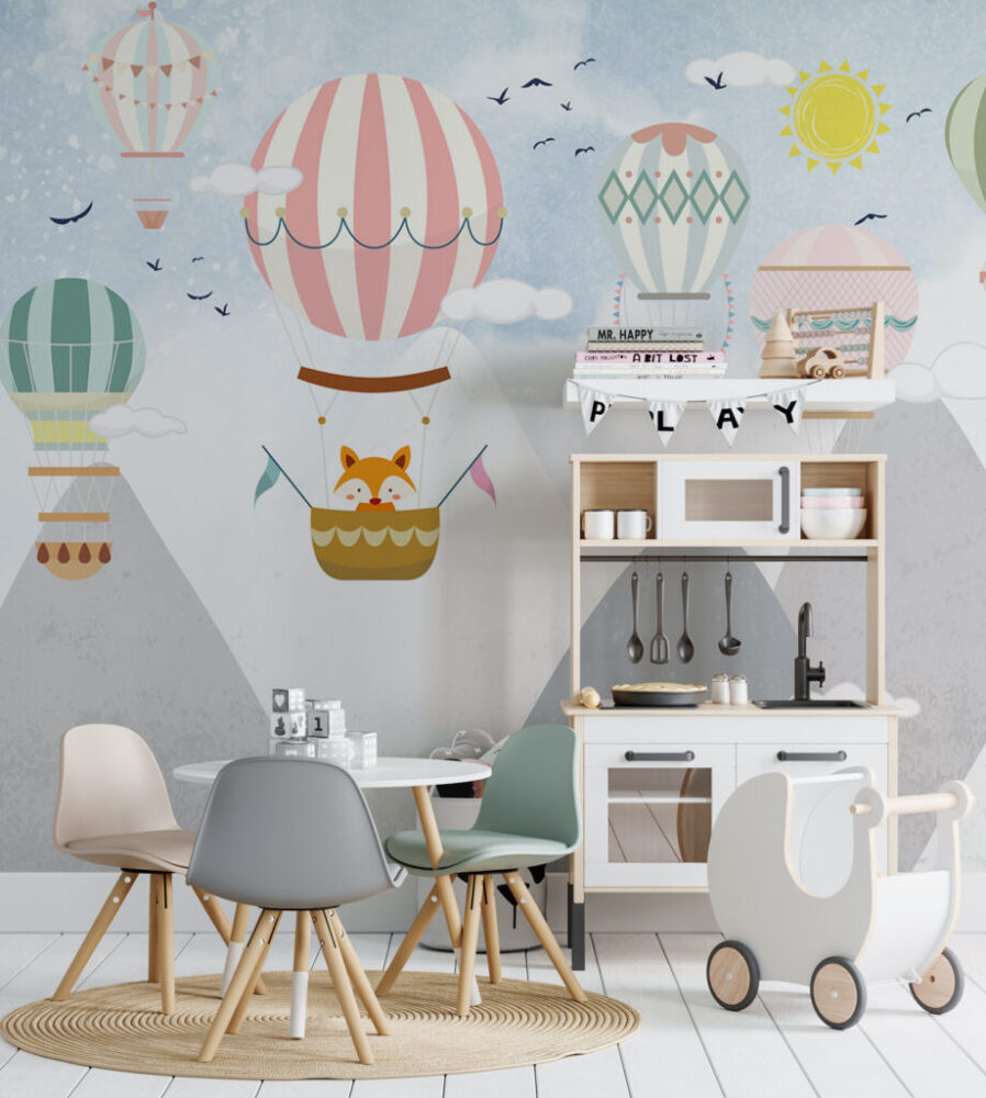 Dağların Arasında Uçan Balon Desenli 3D Duvar Kağıdı | Duvar Kağıdı Marketi