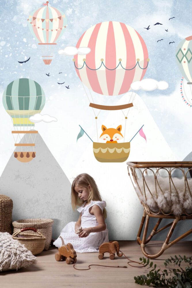Dağların Arasında Uçan Balon Desenli 3D Duvar Kağıdı | Duvar Kağıdı Marketi