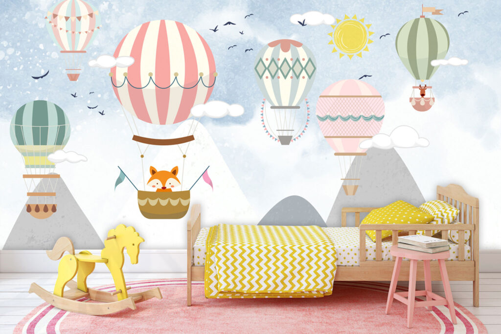 Dağların Arasında Uçan Balon Desenli 3D Duvar Kağıdı | Duvar Kağıdı Marketi
