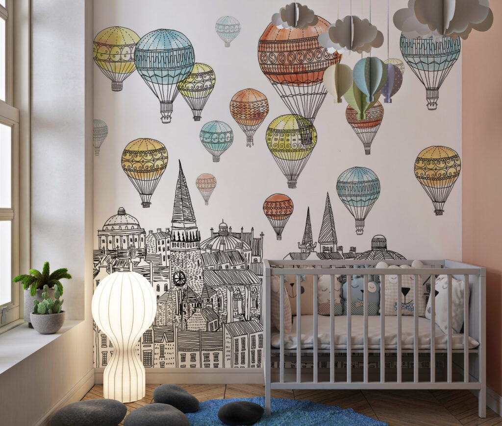 Uçan Balon ve Şehir Manzara Desenli 3D Duvar Kağıdı | Duvar Kağıdı Marketi