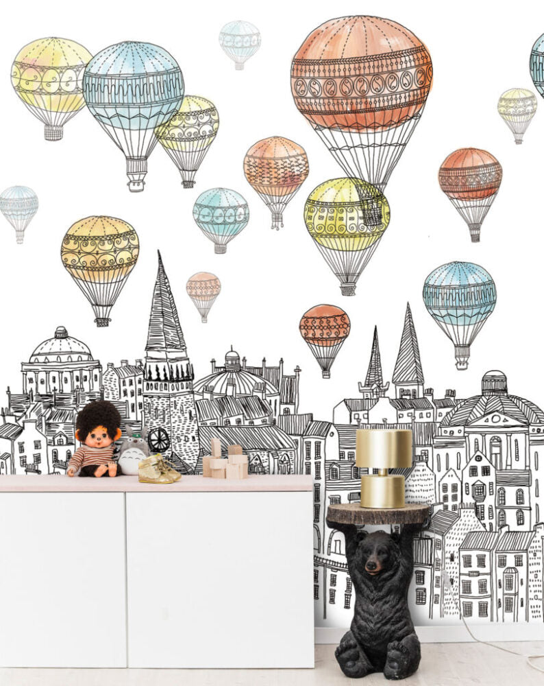 Uçan Balon ve Şehir Manzara Desenli 3D Duvar Kağıdı | Duvar Kağıdı Marketi