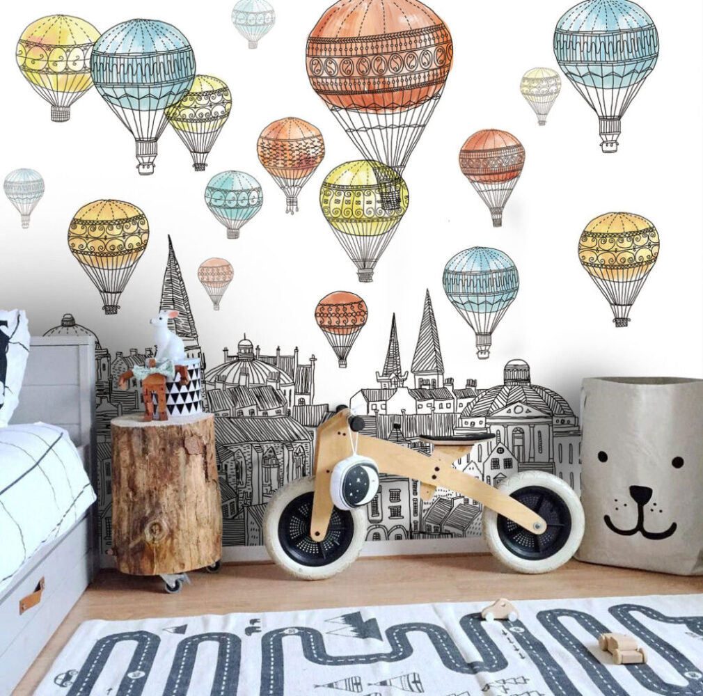Uçan Balon ve Şehir Manzara Desenli 3D Duvar Kağıdı | Duvar Kağıdı Marketi