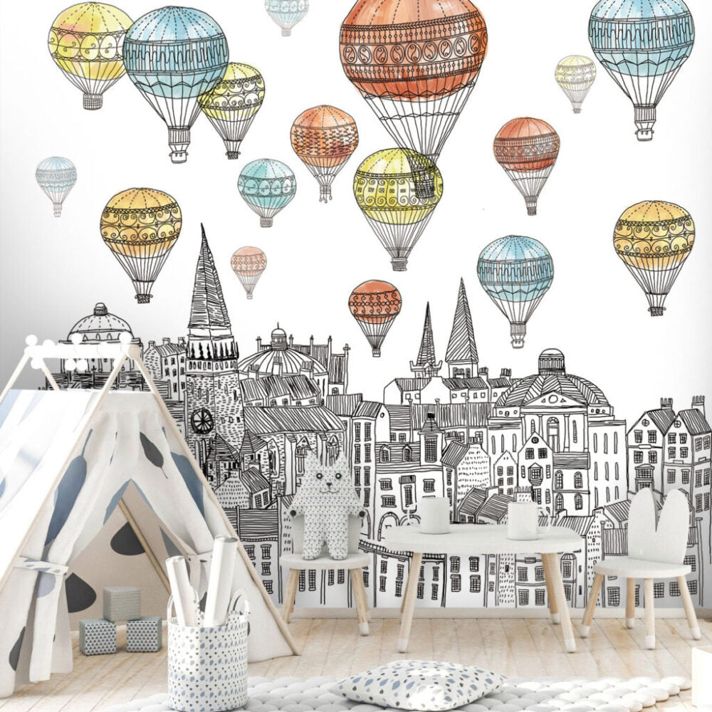 Uçan Balon ve Şehir Manzara Desenli 3D Duvar Kağıdı | Duvar Kağıdı Marketi