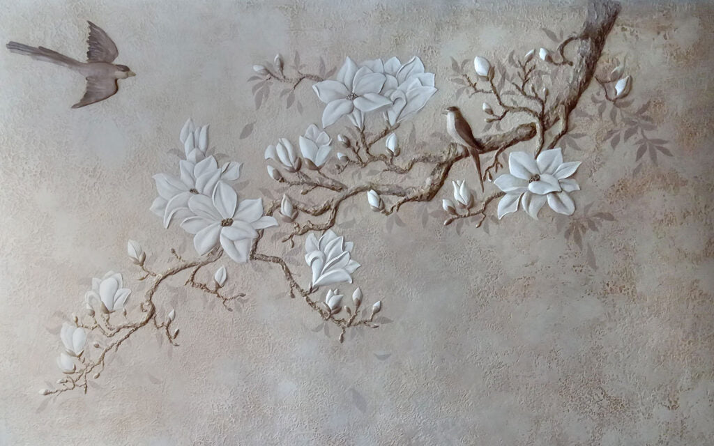 Kuş ve Yapraklı Dal Desenli 3D Duvar Kağıdı