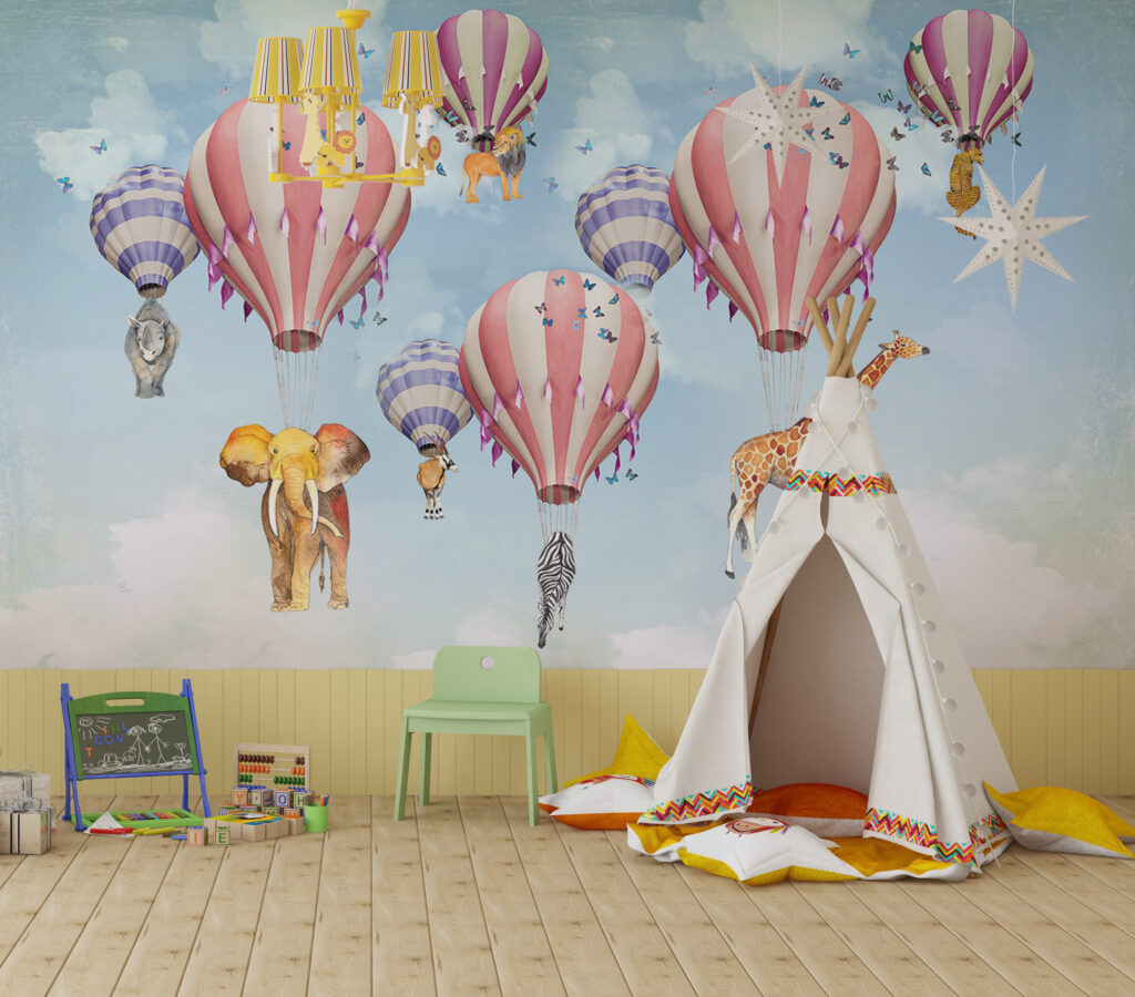 Hayvanları Taşıyan Uçan Balon Desenli 3D Duvar Kağıdı | Duvar Kağıdı Marketi