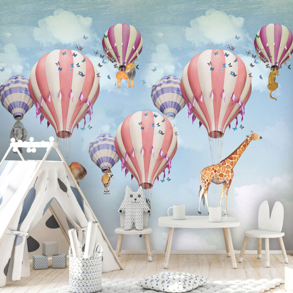 Hayvanları Taşıyan Uçan Balon Desenli 3D Duvar Kağıdı | Duvar Kağıdı Marketi