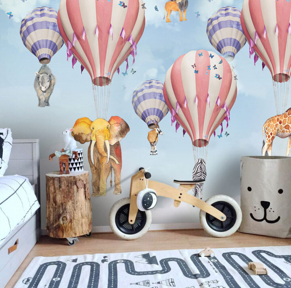 Hayvanları Taşıyan Uçan Balon Desenli 3D Duvar Kağıdı | Duvar Kağıdı Marketi