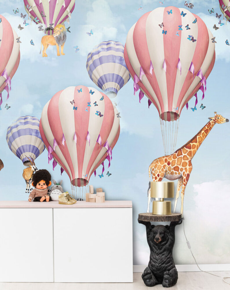 Hayvanları Taşıyan Uçan Balon Desenli 3D Duvar Kağıdı | Duvar Kağıdı Marketi