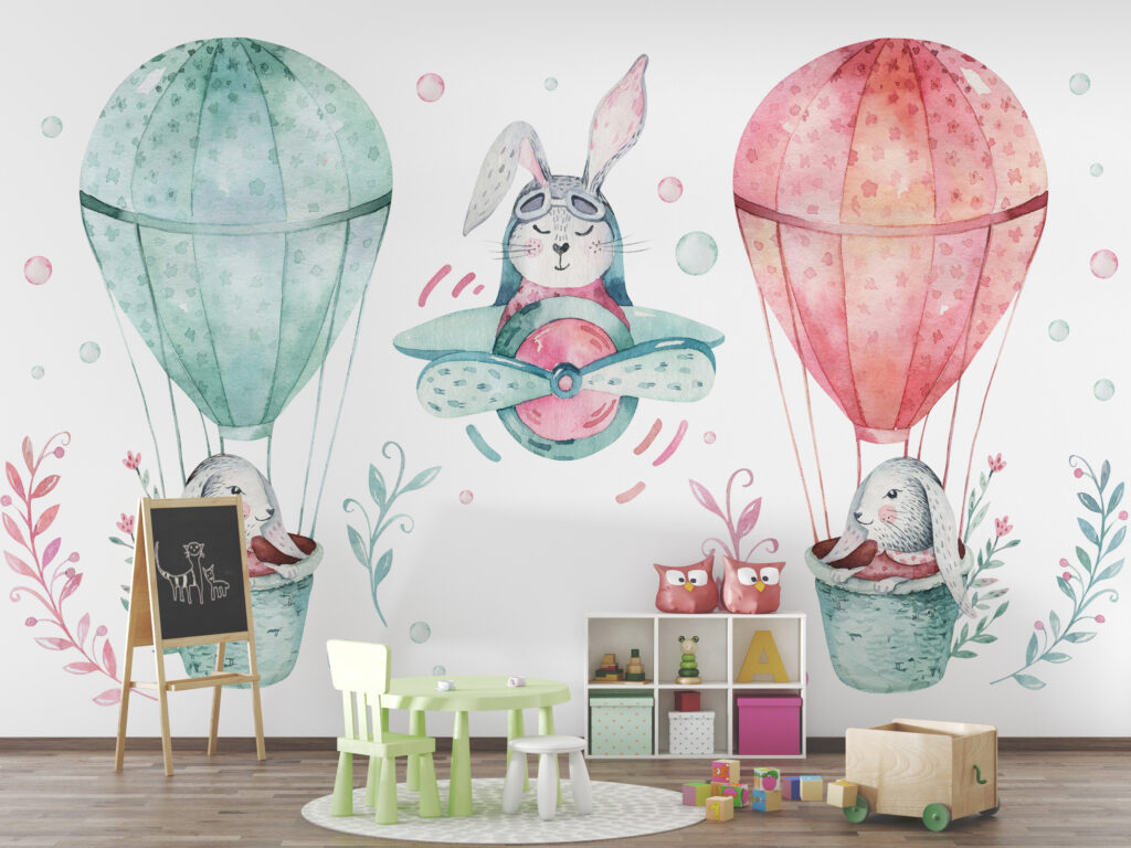 Tavşanları Taşıyan Uçan Balon Desenli 3D Duvar Kağıdı | Duvar Kağıdı Marketi