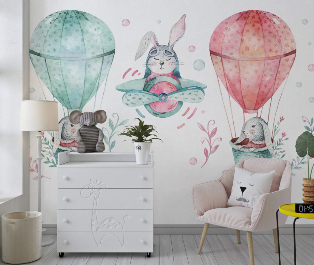 Tavşanları Taşıyan Uçan Balon Desenli 3D Duvar Kağıdı | Duvar Kağıdı Marketi