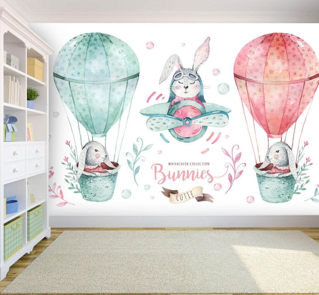 Tavşanları Taşıyan Uçan Balon Desenli 3D Duvar Kağıdı | Duvar Kağıdı Marketi