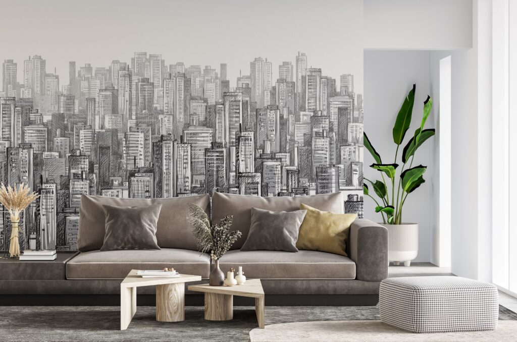 3D Karakalem Çizimli Çok Bina Desenli Duvar Kağıdı | Duvar Kağıdı Marketi
