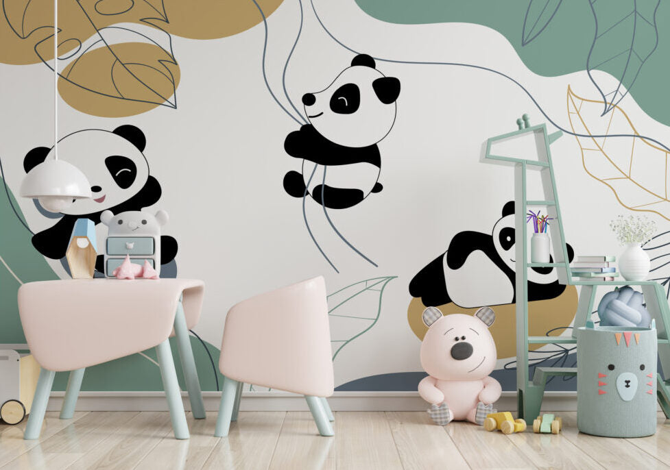 Sarmaşıklara Tutunan Panda Desenli 3D Duvar Kağıdı
