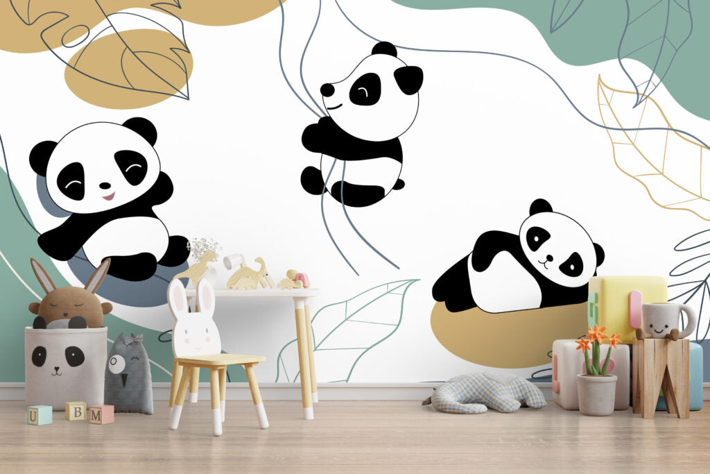 Sarmaşıklara Tutunan Panda Desenli 3D Duvar Kağıdı