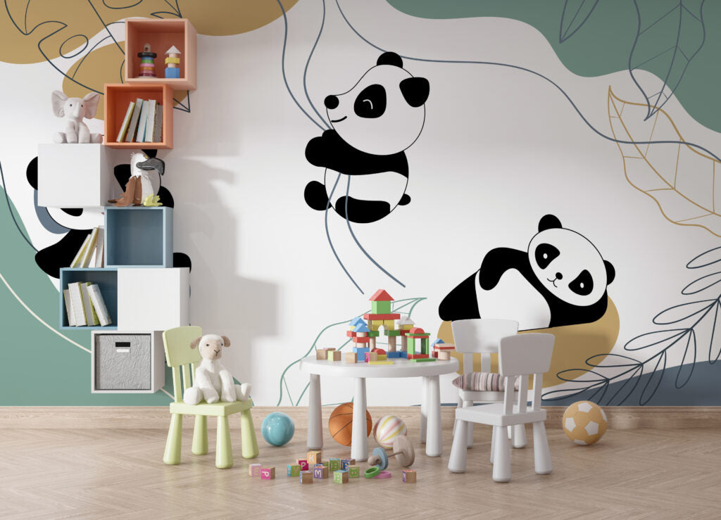 Sarmaşıklara Tutunan Panda Desenli 3D Duvar Kağıdı