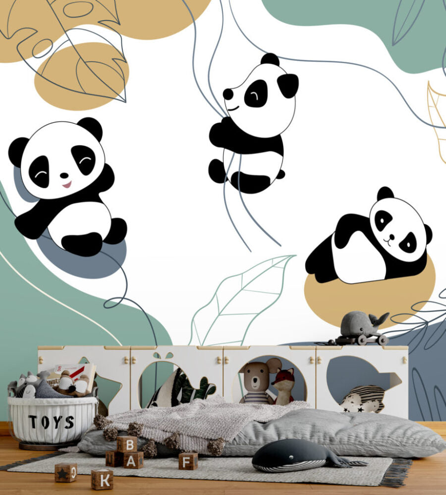 Sarmaşıklara Tutunan Panda Desenli 3D Duvar Kağıdı
