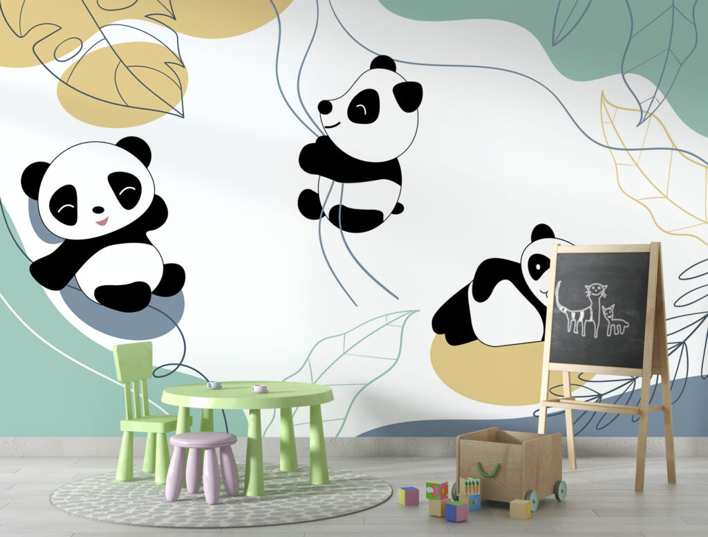 Sarmaşıklara Tutunan Panda Desenli 3D Duvar Kağıdı
