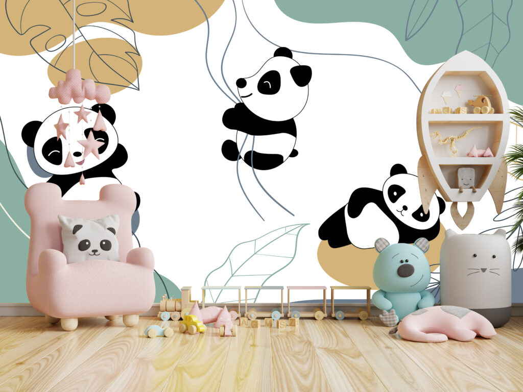 Sarmaşıklara Tutunan Panda Desenli 3D Duvar Kağıdı