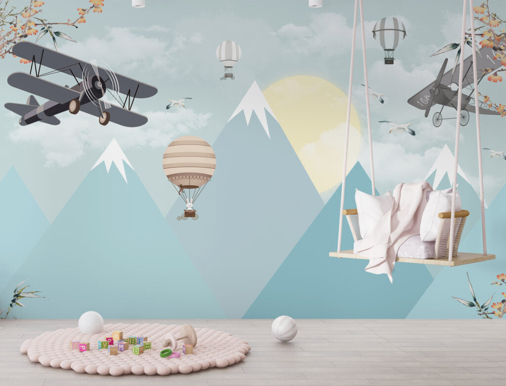 Balon ve Uçaklı Çocuk Odası Duvar Kağıdı