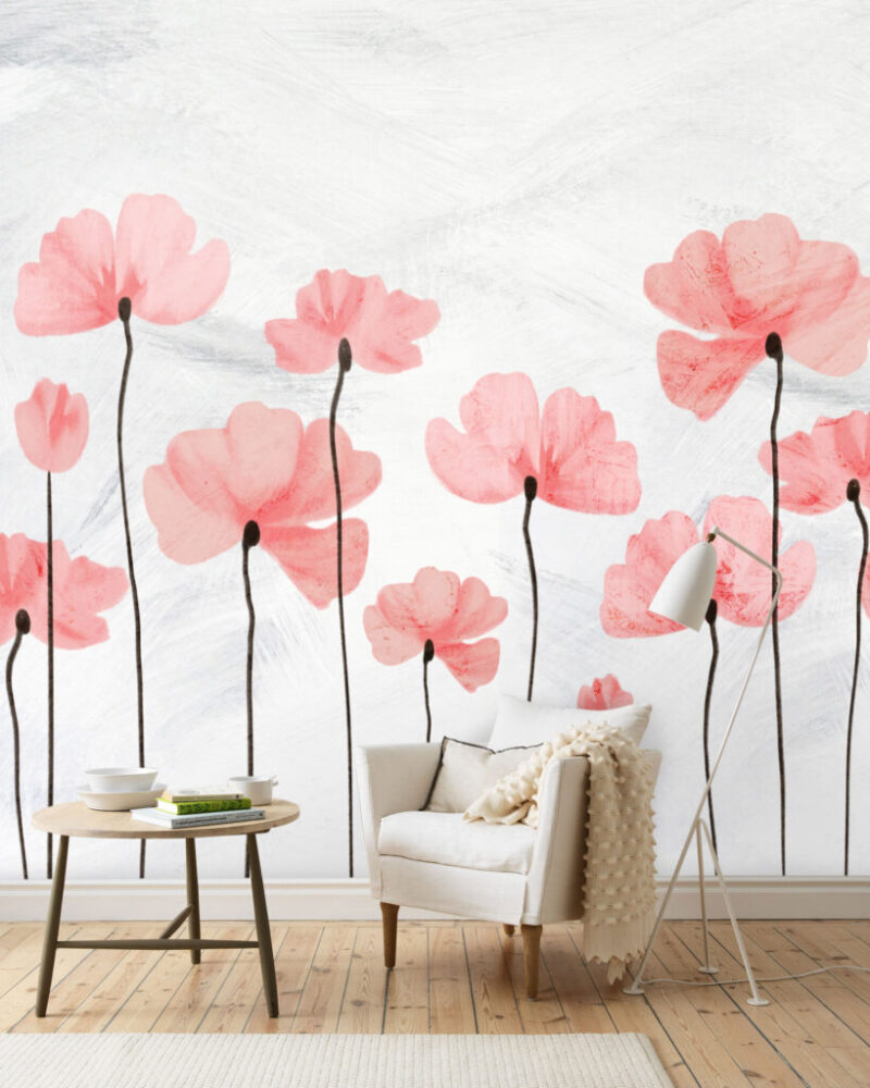 Pembe Yapraklı Çiçek Desenli 3D Duvar Kağıdı