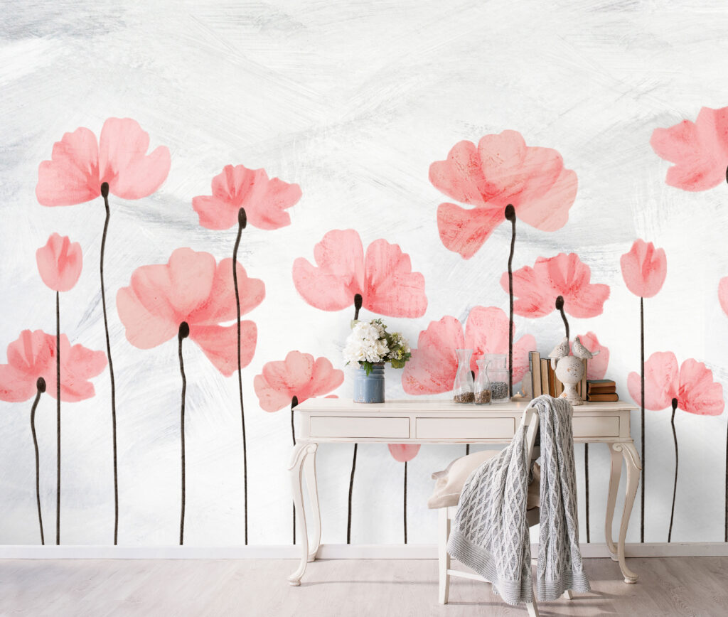 Pembe Yapraklı Çiçek Desenli 3D Duvar Kağıdı