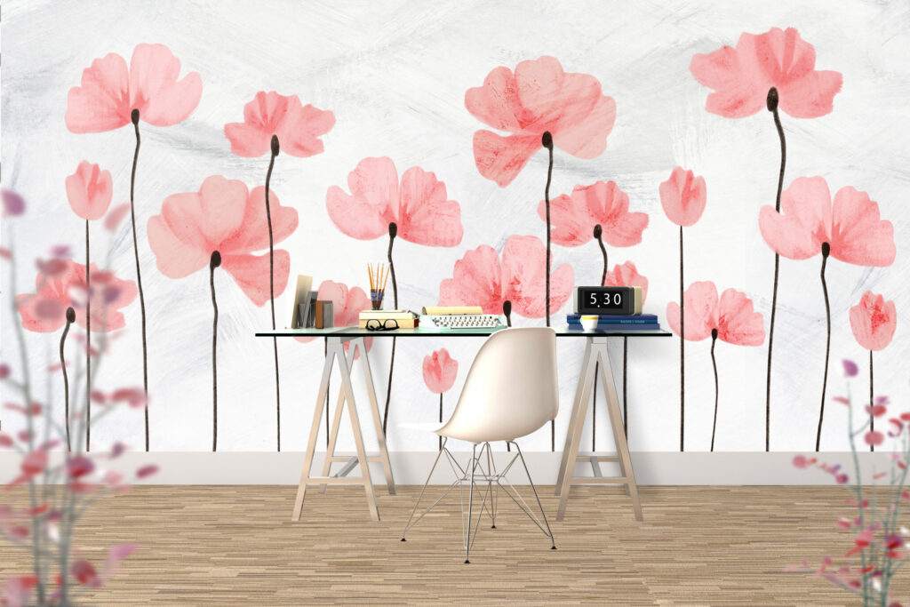 Pembe Yapraklı Çiçek Desenli 3D Duvar Kağıdı