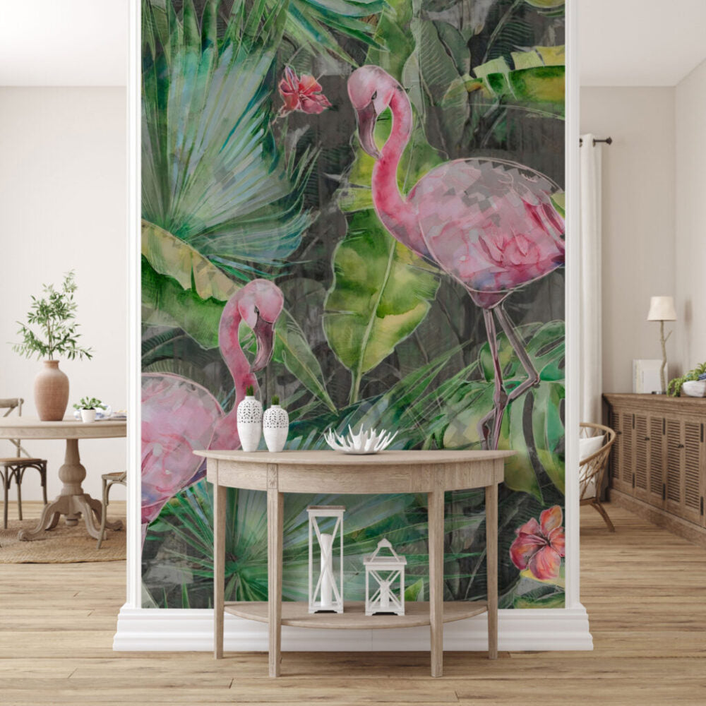 Flamingo ve Bitki Desenli 3D Duvar Kağıdı