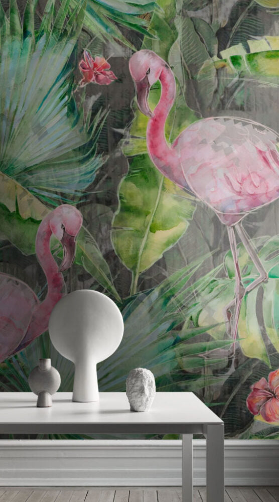 Flamingo ve Bitki Desenli 3D Duvar Kağıdı