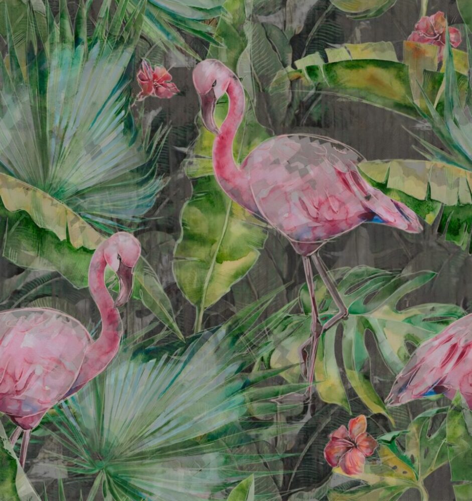 Flamingo ve Bitki Desenli 3D Duvar Kağıdı