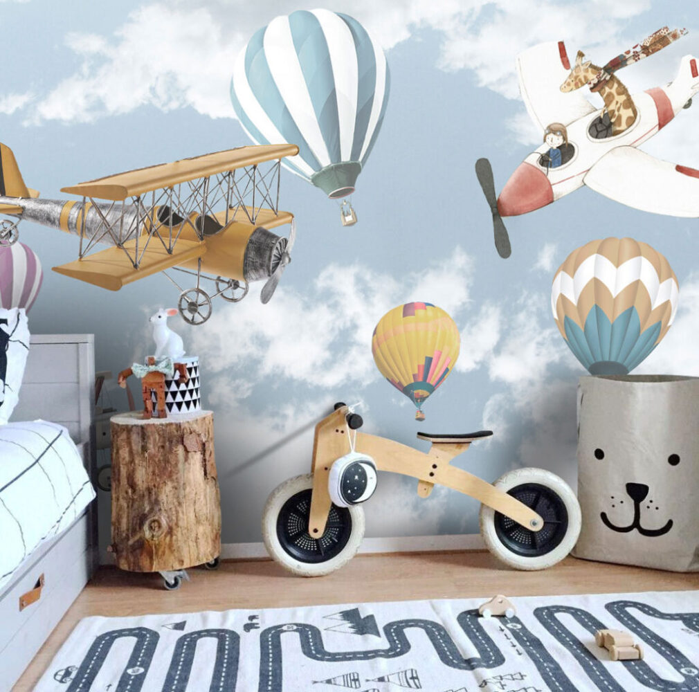 Eski Uçak ve Balon Desenli 3D Duvar Kağıdı | Duvar Kağıdı Marketi