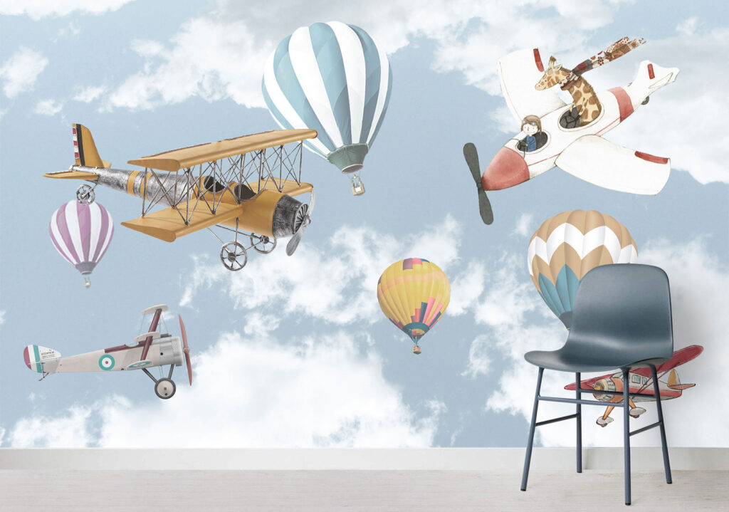 Eski Uçak ve Balon Desenli 3D Duvar Kağıdı | Duvar Kağıdı Marketi