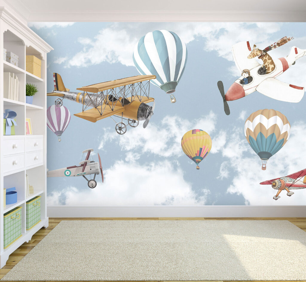 Eski Uçak ve Balon Desenli 3D Duvar Kağıdı | Duvar Kağıdı Marketi