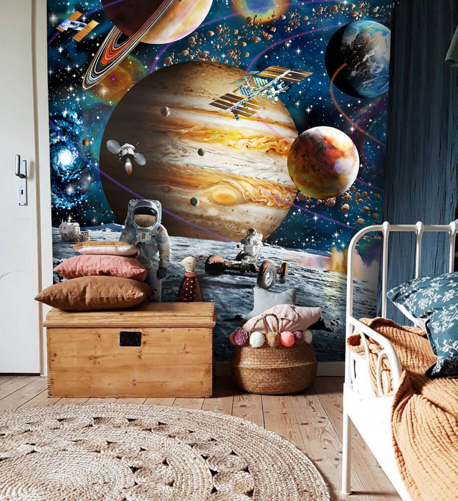 Astronot ve Gezegenler Duvar Kağıdı 140x260 140cm En 260cm Boy Petra Dokulu