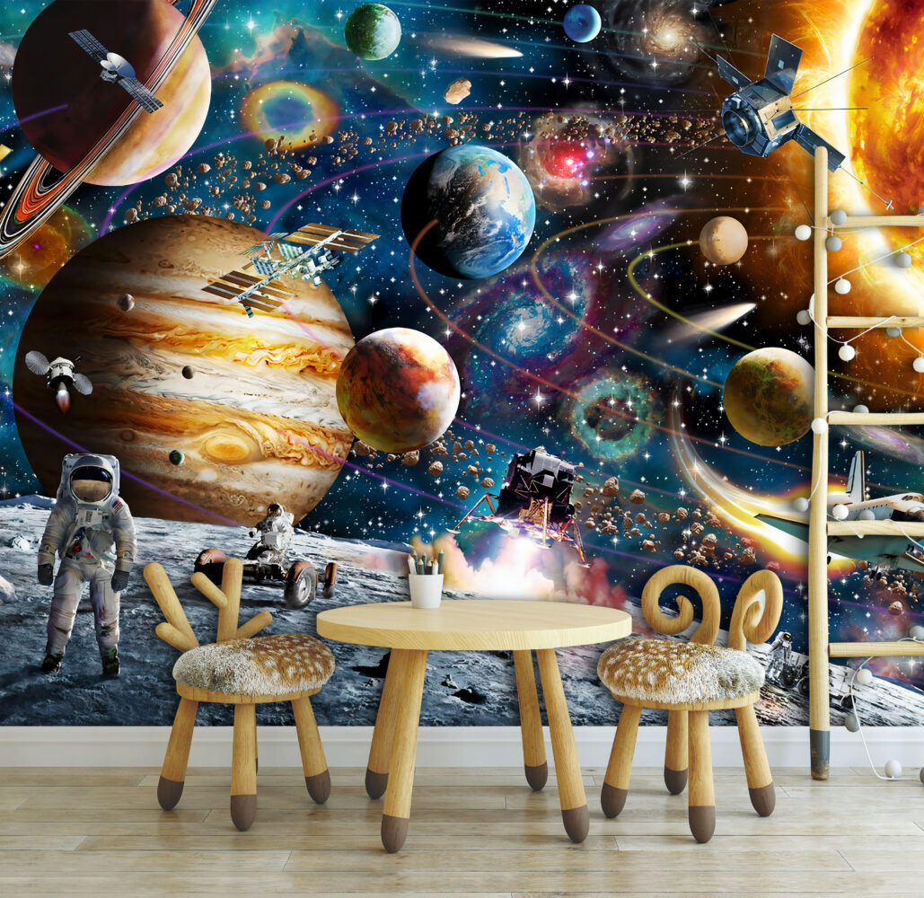 Astronot ve Gezegenler Duvar Kağıdı 140x260 140cm En 260cm Boy Petra Dokulu