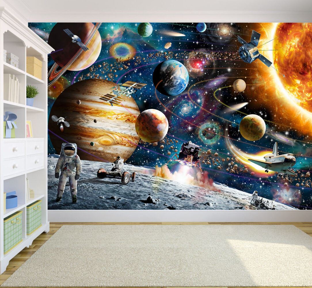 Astronot ve Gezegenler Duvar Kağıdı 140x260 140cm En 260cm Boy Petra Dokulu