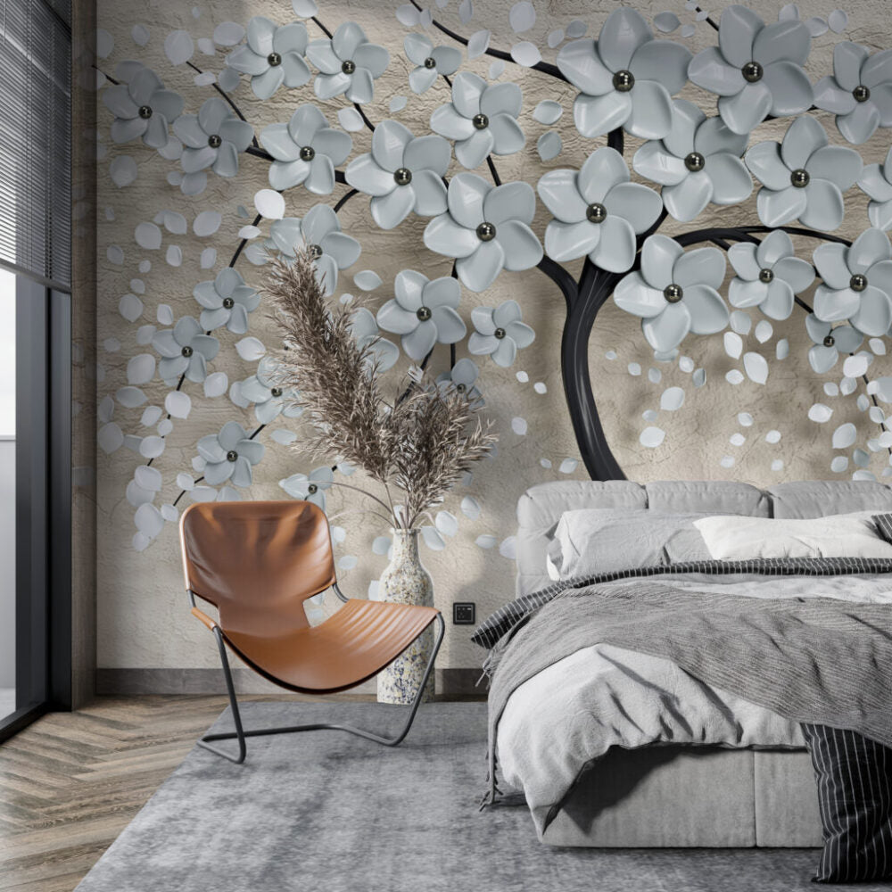 Yapay Çiçekli Dal Desenli 3D Duvar Kağıdı | Duvar Kağıdı Marketi
