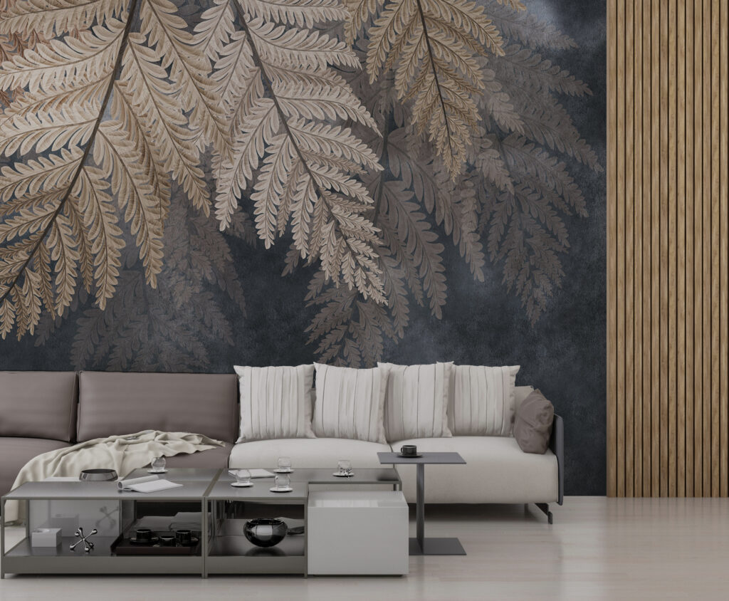 Koyu Sarı Yapraklı Dal Desenli 3D Duvar Kağıdı