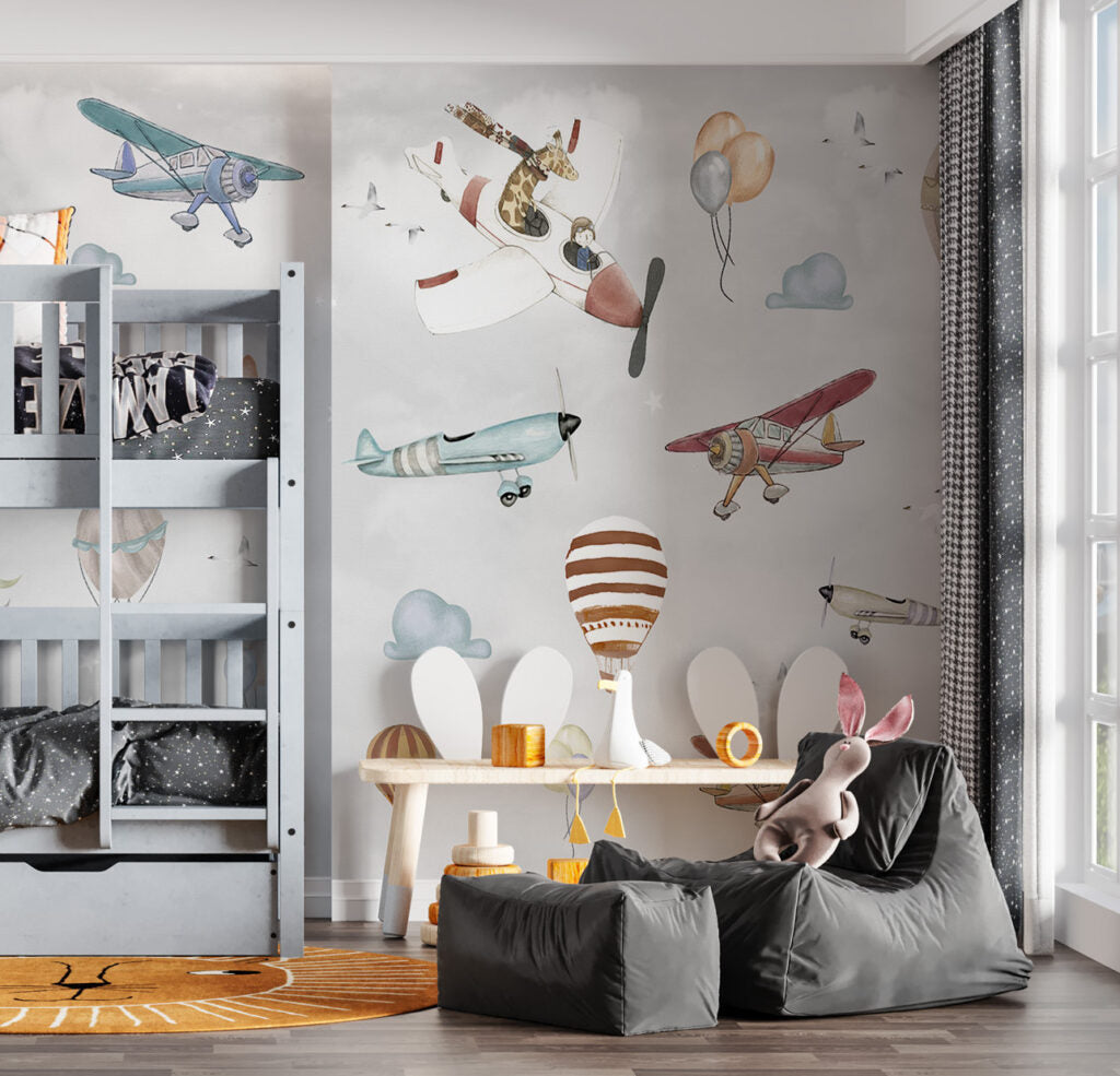 Uçakla Uçan Zürafa ve Balon Desenli 3D Duvar Kağıdı | Duvar Kağıdı Marketi