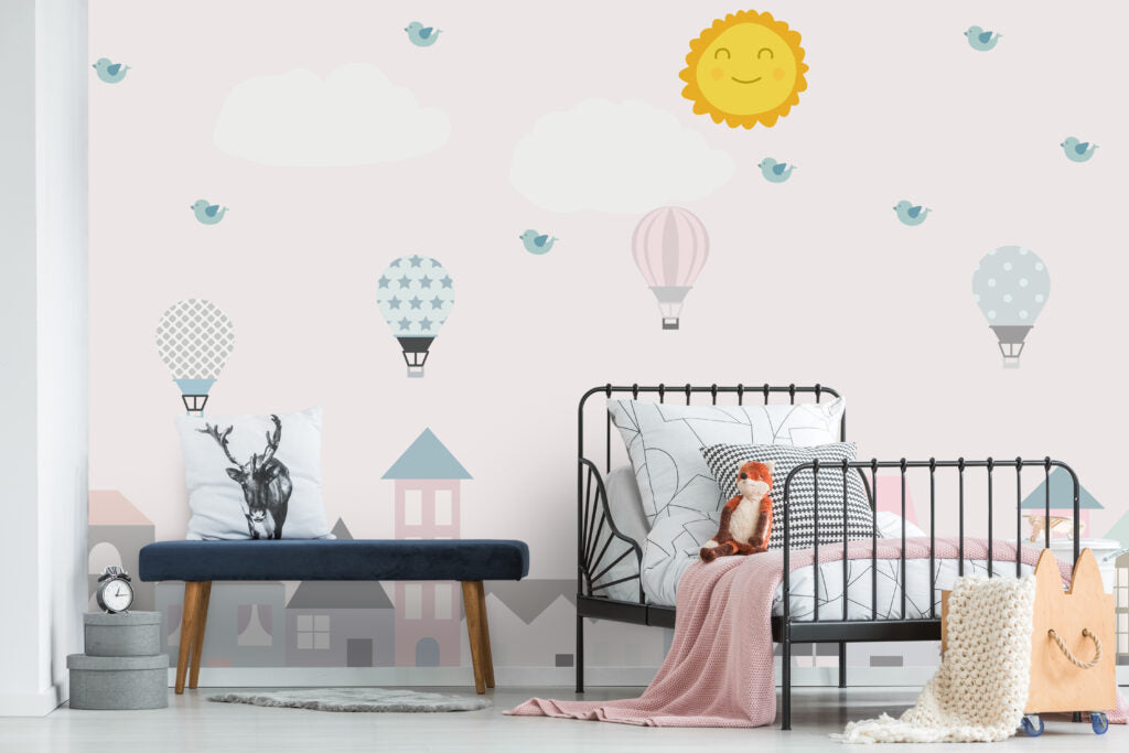 Bina, Balon ve Güneş Desenli 3D Duvar Kağıdı | Duvar Kağıdı Marketi