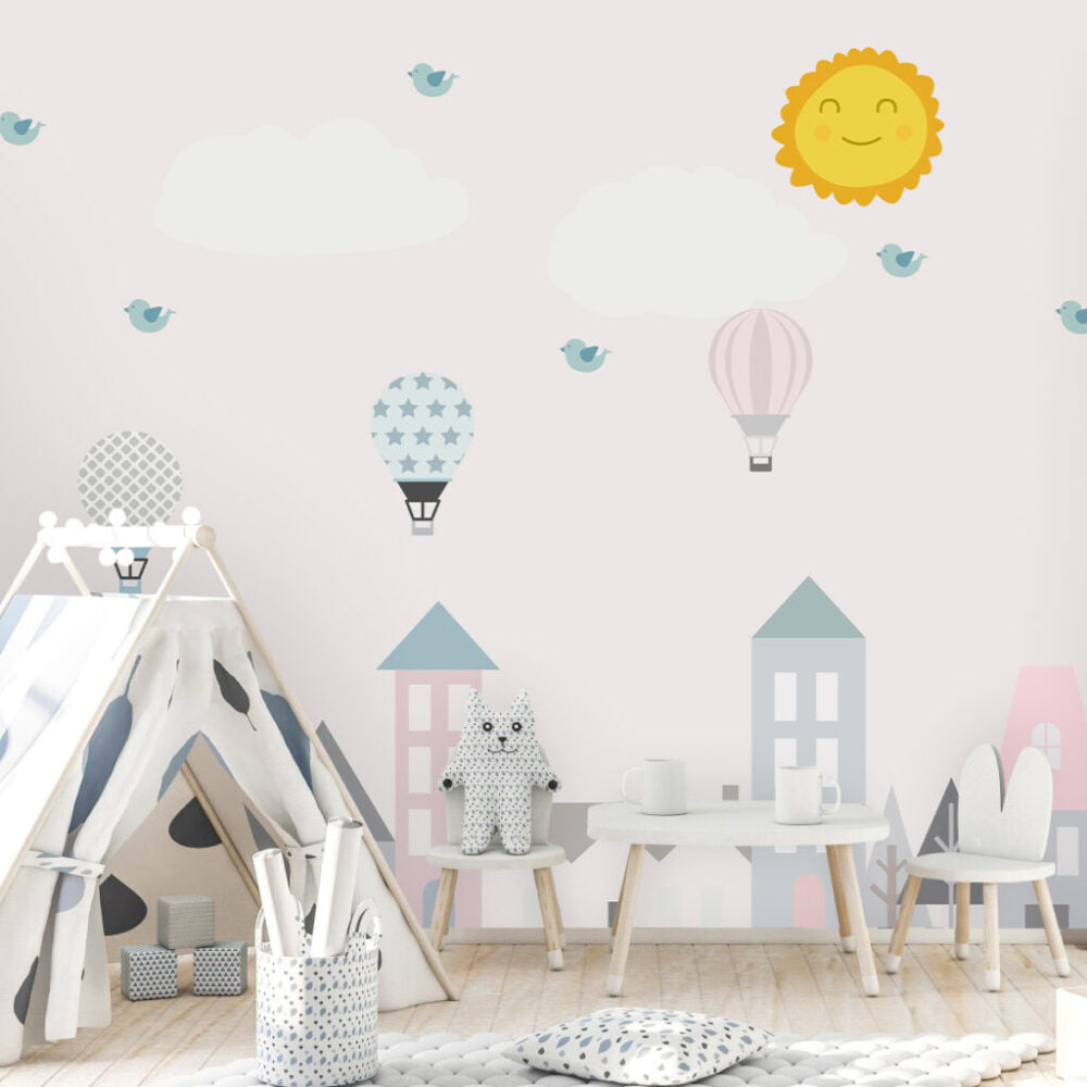 Bina, Balon ve Güneş Desenli 3D Duvar Kağıdı | Duvar Kağıdı Marketi