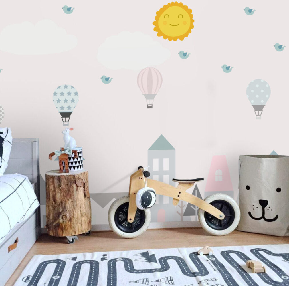 Bina, Balon ve Güneş Desenli 3D Duvar Kağıdı | Duvar Kağıdı Marketi